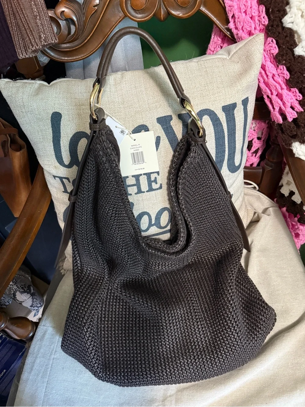 Dolce Vita raffia Woven Hobo Bag in Dark Brown with Gold Hardware